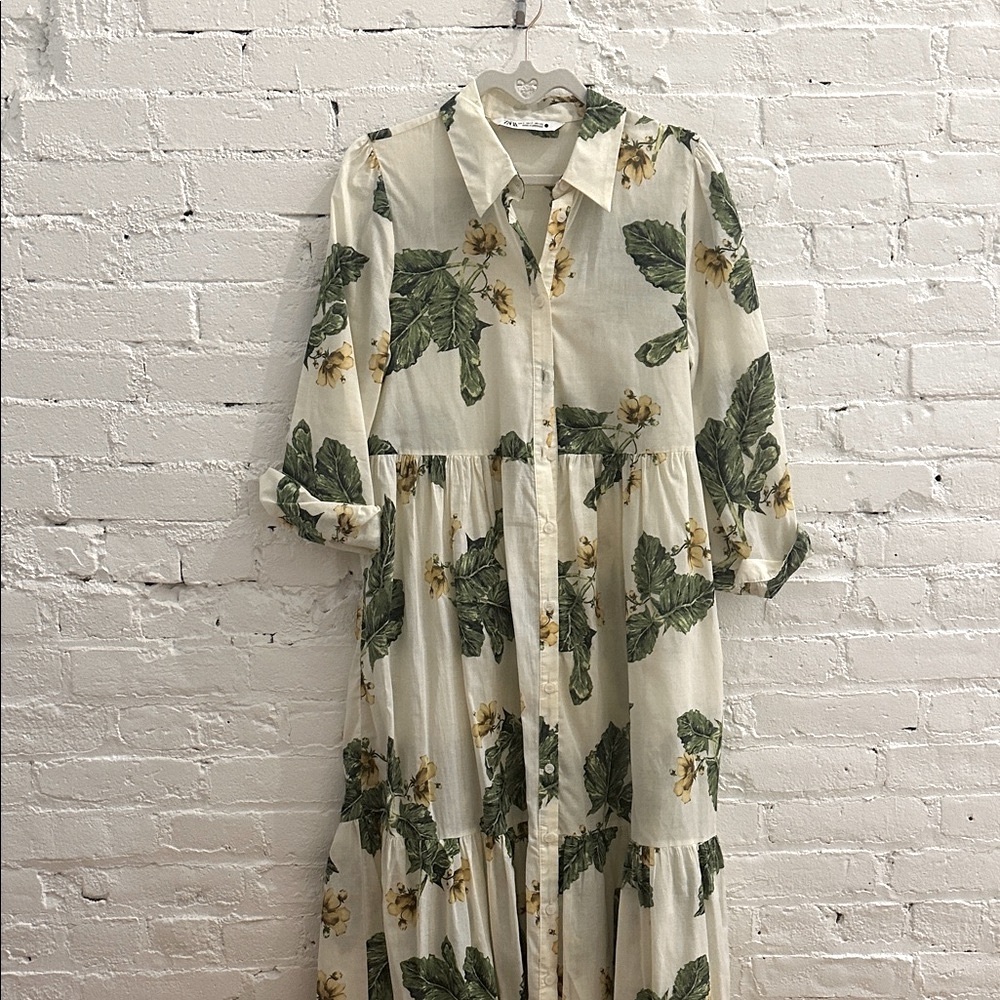 Zara Green Floral Long Sleeve Dress